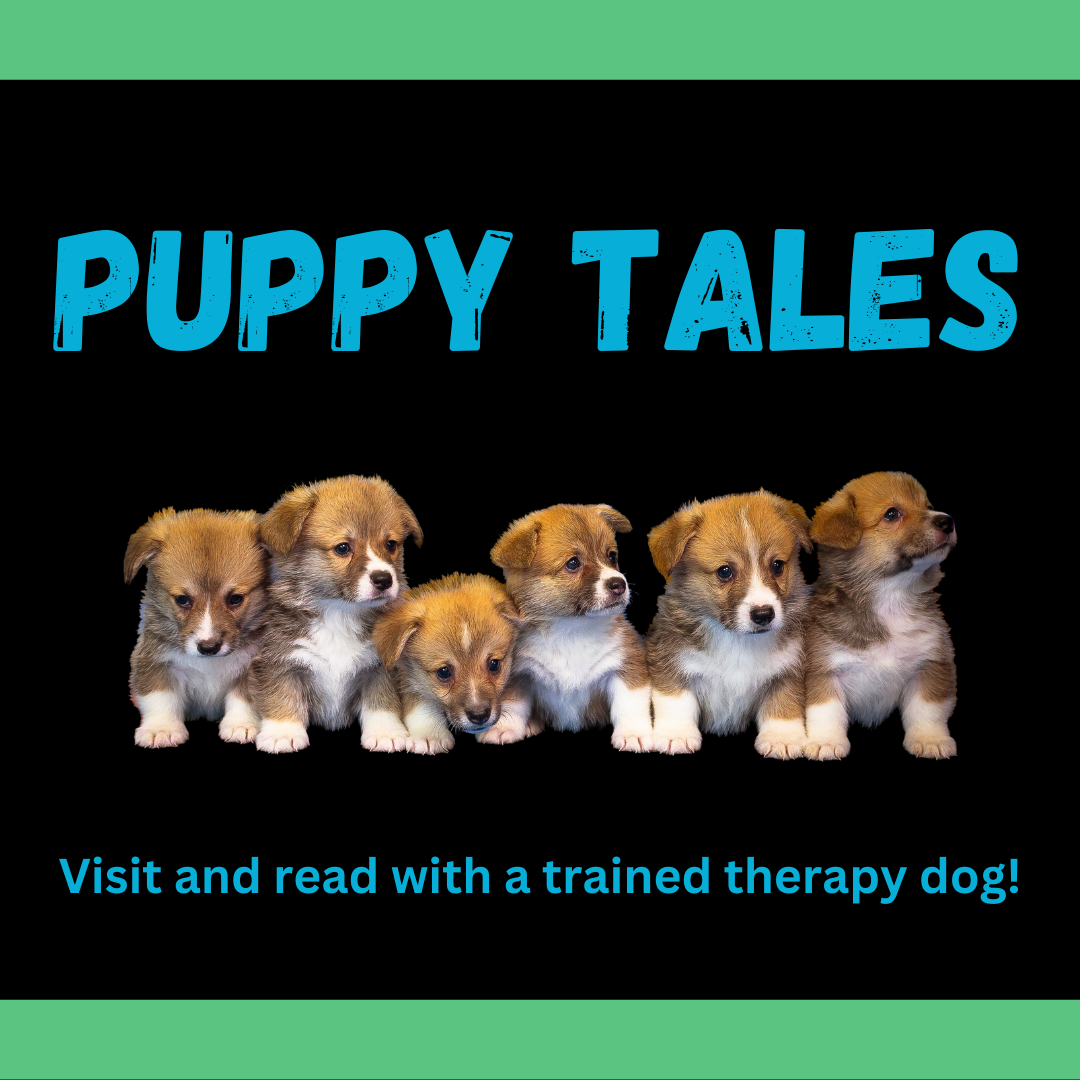 six puppies on a black background with the words "Puppy Tales"