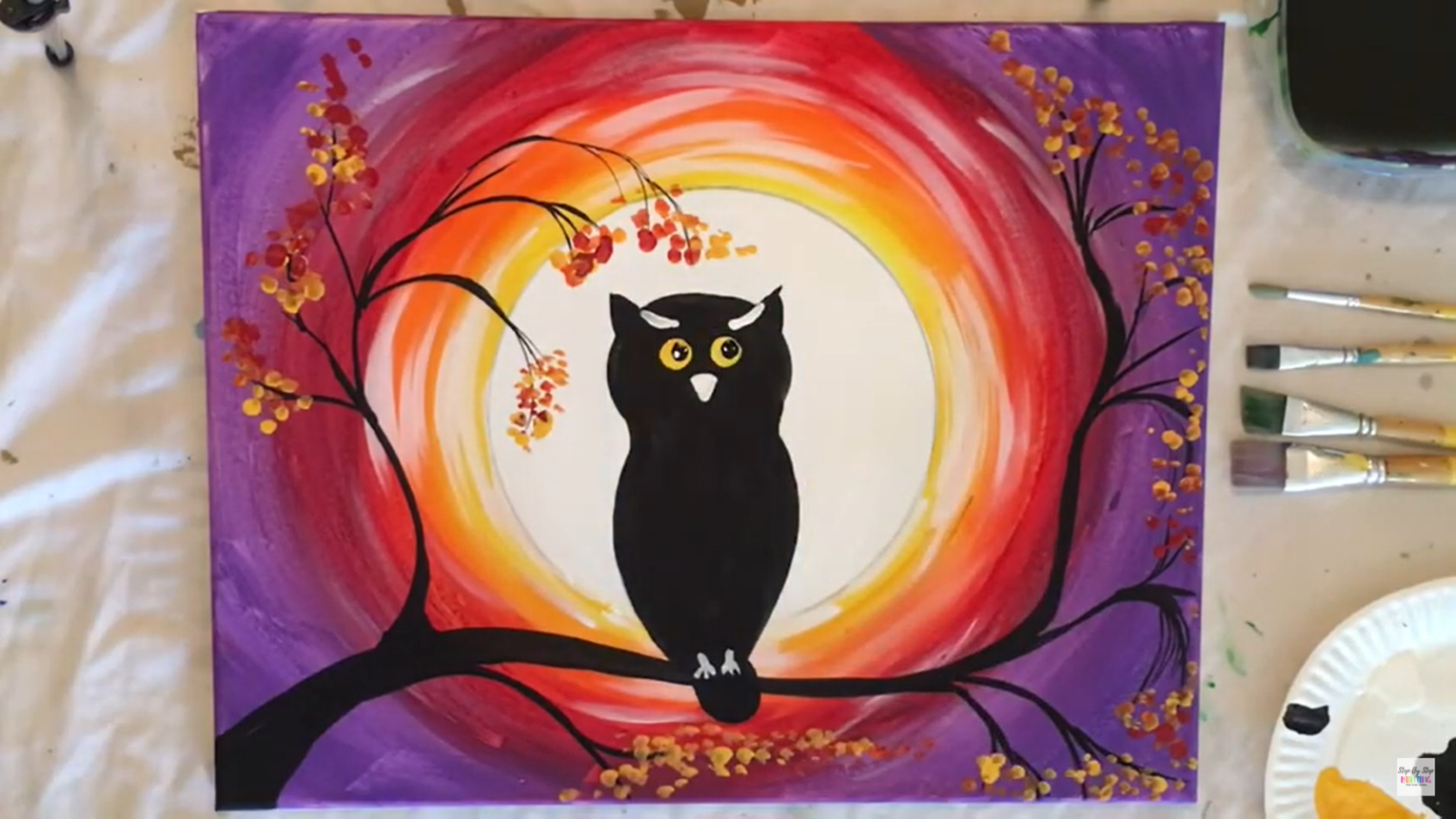 painting of an owl in front of a full moon