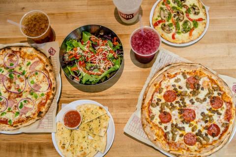 pizza, salad, and drinks at Mod Pizza